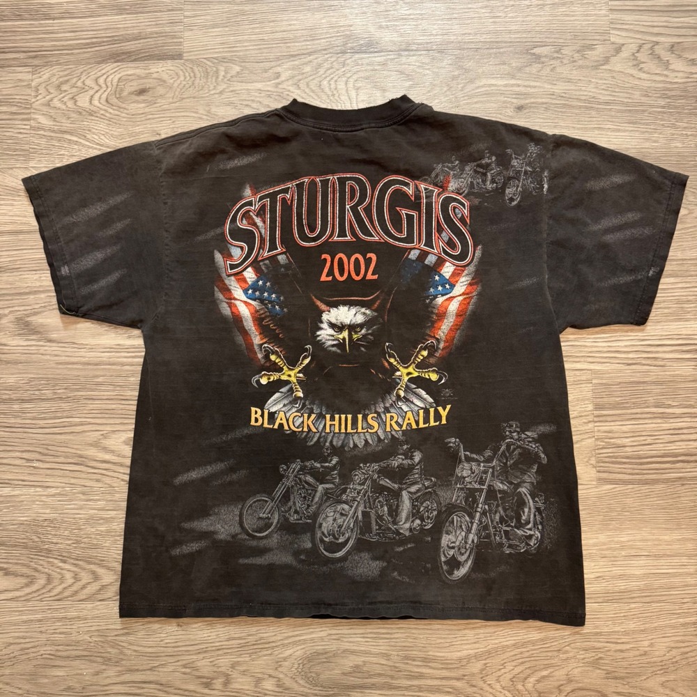 Vintage Y2K Sturgis 2002 Black Hills Rally AOP Wolf Eagle Biker T-Shirt XL